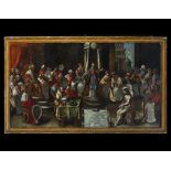Important Oil on canvas depicting the Trial of Jesus before the Sanhedrin, primitive Lombard master 