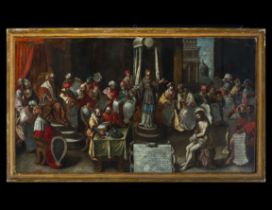 Important Oil on canvas depicting the Trial of Jesus before the Sanhedrin, primitive Lombard master