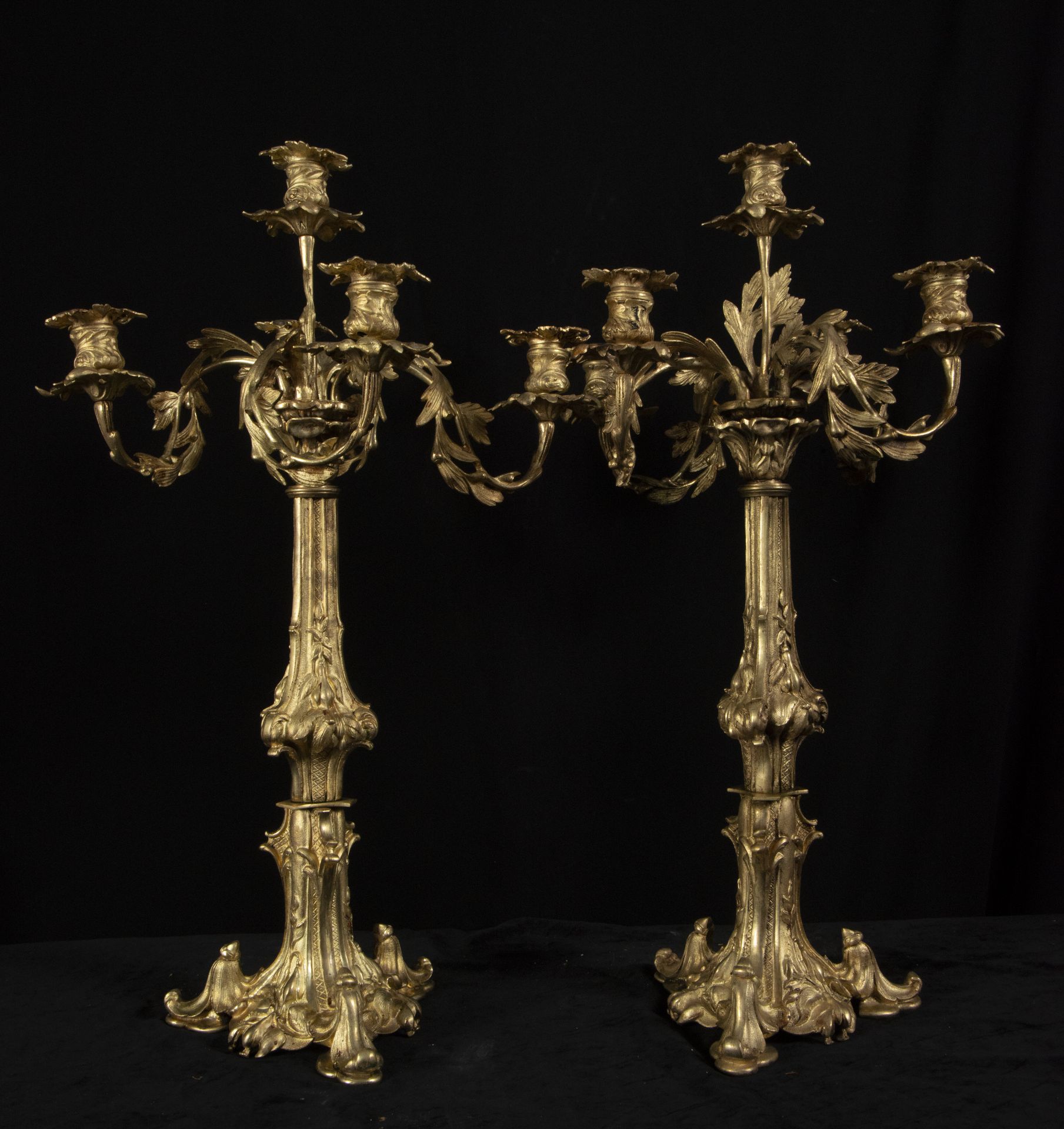 Pair of Large Candelabras in mercury-gilded bronze, 19th century