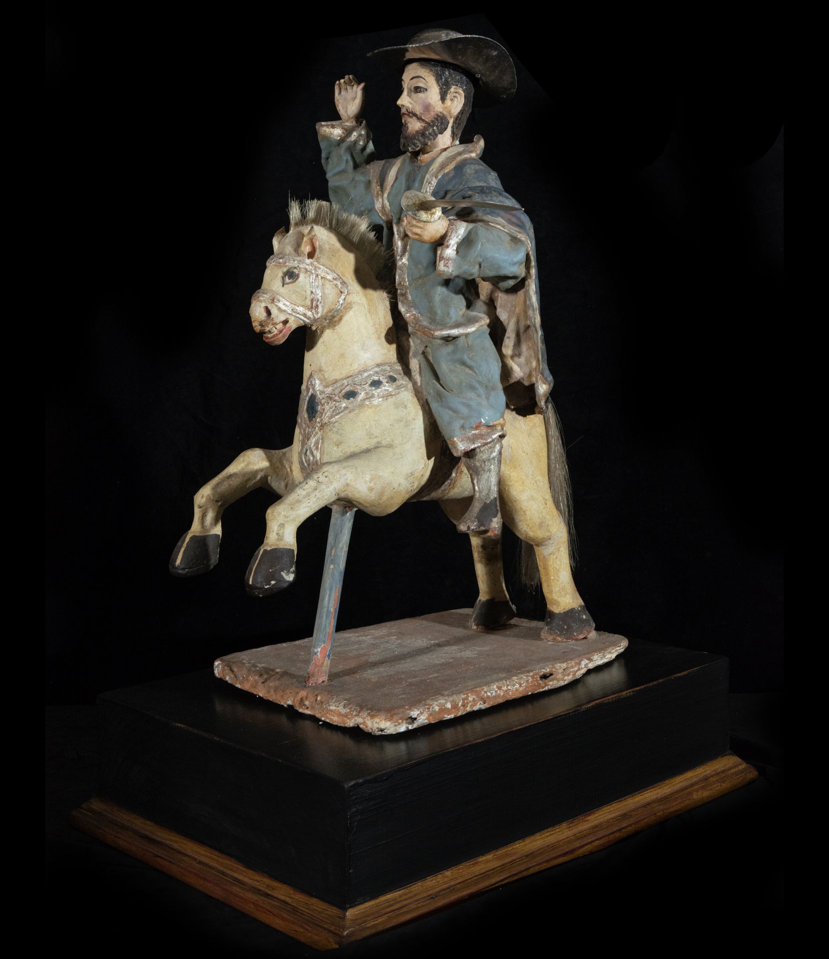 Large and rare statue of Saint James the Great on horseback with hat and sword in fine silver, Bolov