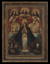 Beautiful Immaculate Virgin crowned with Saint Michael the Archangel and Saint Rose of Lima from the