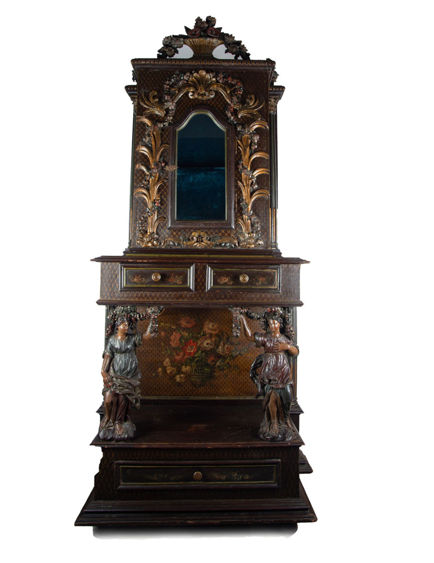 Hand-painted Florentine console cabinet with flower garland motifs topped with a pair of polychrome 