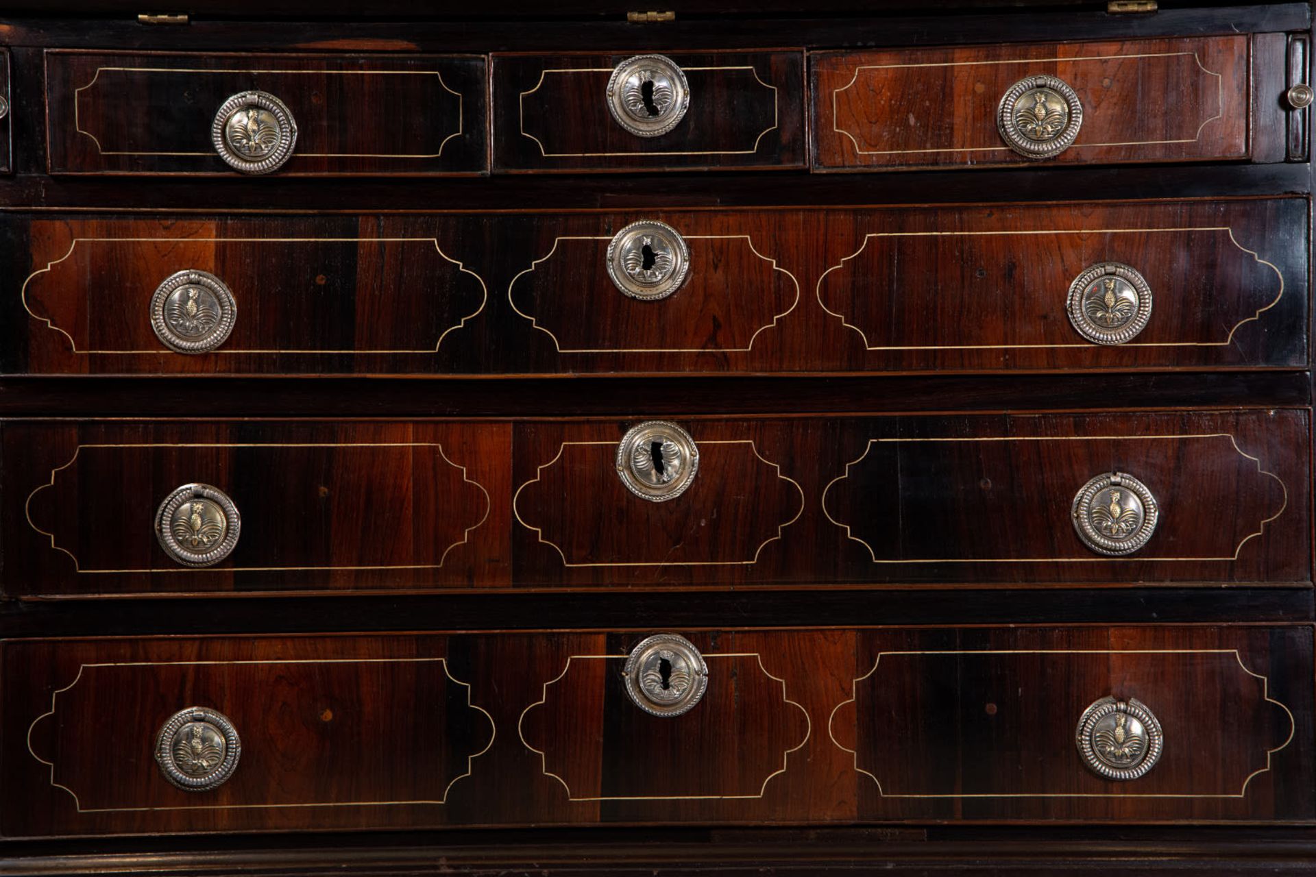 Drawing Chest with secretaire in Bone and Rosewood marquetry with Silver handles, Italy, 18th centur - Bild 2 aus 10