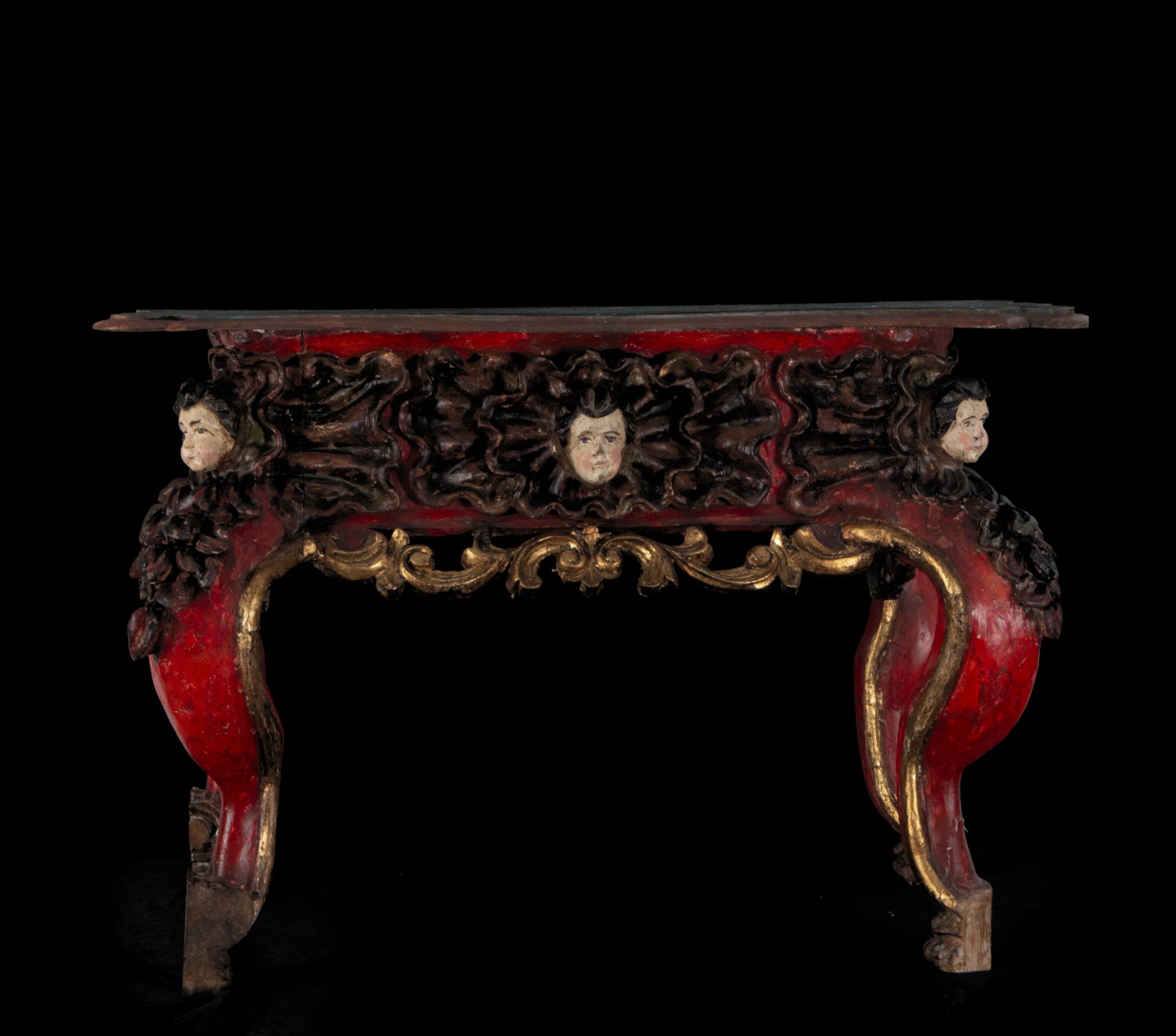 Novohispana Console in polychrome wood with Cherub finials, Mexican colonial work from the 18th cent
