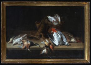 Magnificent hunting still life with parrot from the 17th century, possible attribution/manner of Adr