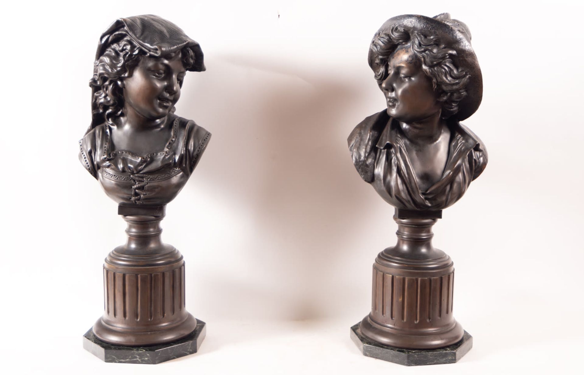 Pair of Busts of a Girl and a Boy in bronze, following models by Carpeaux, French school of the 19th