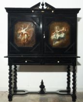 Large Italo Flemish Cabinet from the 18th century, in ebonized wood and oil painted panels