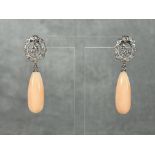 Pair of angelskin coral and 18k white gold earrings