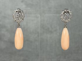 Pair of angelskin coral and 18k white gold earrings