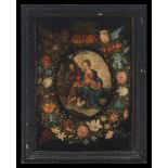 Holy Family in Flower Garland on panel, Mexican colonial school of the 18th century, following model