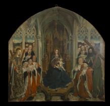 Large oil on panel with Presentation of the Child in the Temple, according to Flanders Gothic models