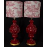 Elegant Pair of Lamps in red glazed ceramic from Manises and Toile de Jouy, 19th century