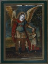 Bolivian colonial school from the end of the 18th century, a pair of beautiful Archangels in oil on