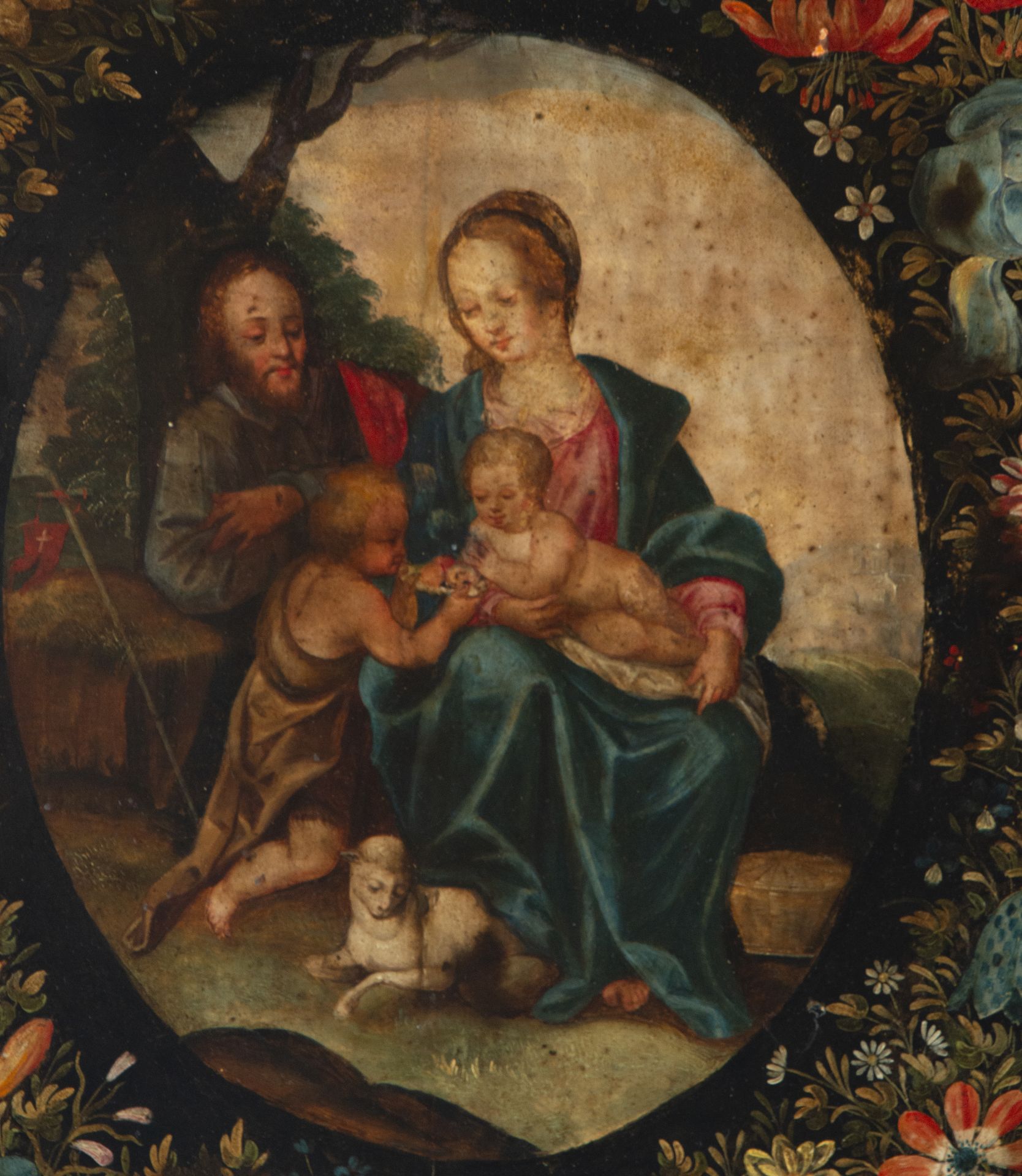 Holy Family in Flower Garland on panel, Mexican colonial school of the 18th century, following model - Bild 2 aus 3