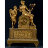 Large French Empire Clock in gilt bronze depicting Euterpe with Cupid, 19th century