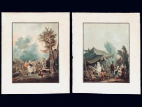 Pair French aquatint and charcoal Drawings by Charles Melchior Descourtis 18th century French school