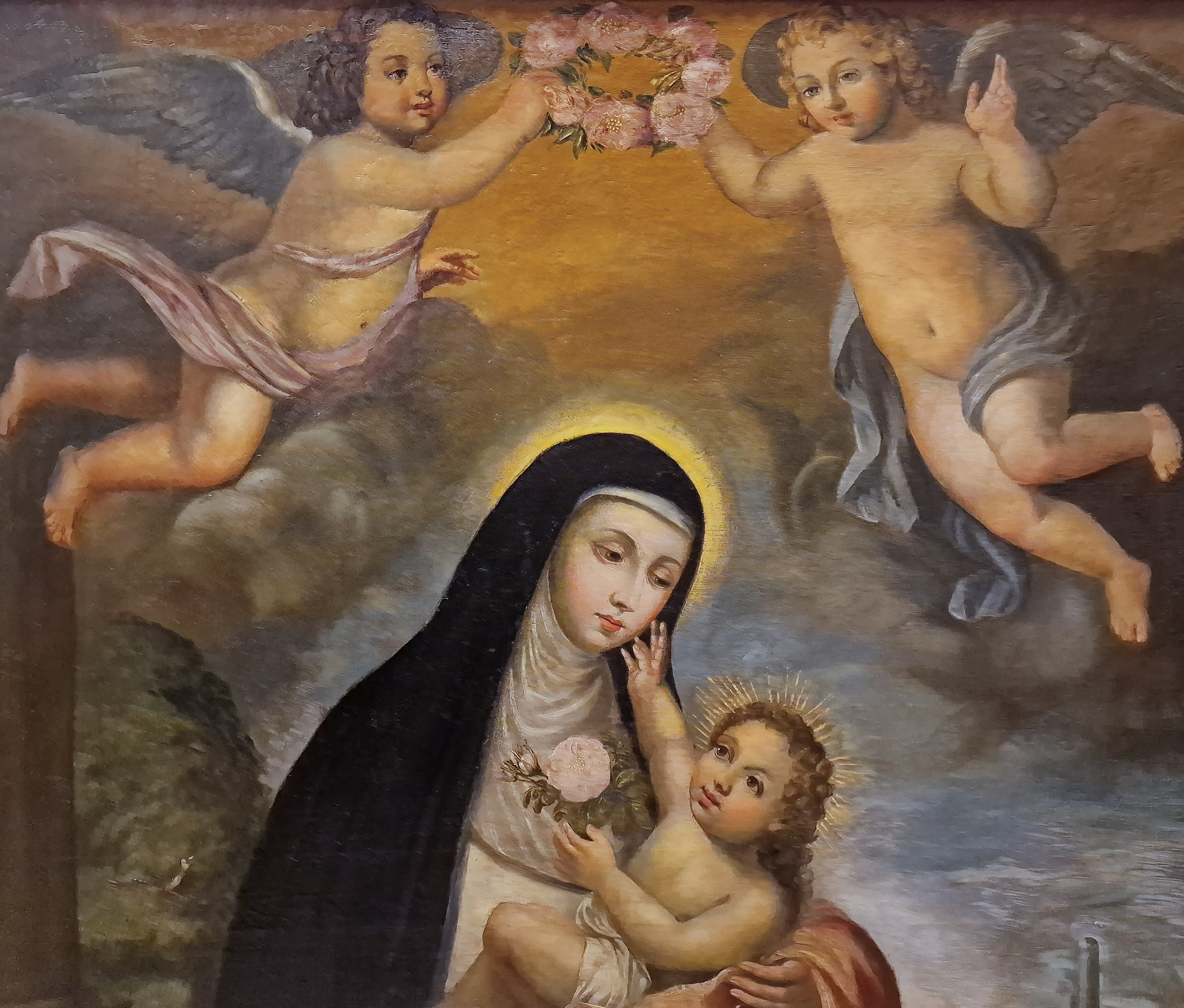 Large 18th century Viceregal Oil on Canvas with Saint Rose of Lima with the Child in Arms, colonial  - Image 2 of 7