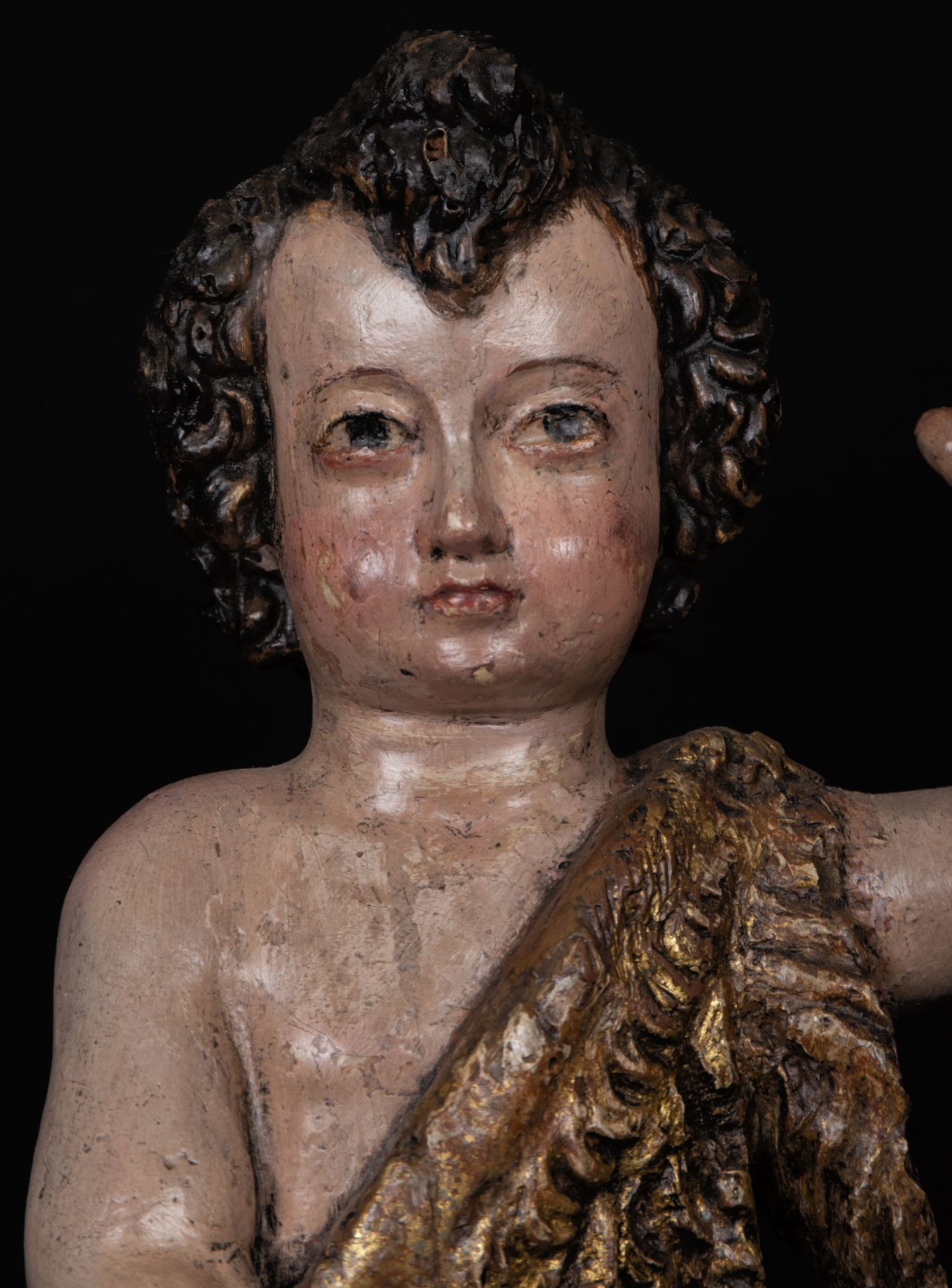 Exquisite and Large Saint John the Child in polychrome wood, 16th century Sevillian or Portuguese Re - Image 2 of 6