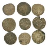 Mixed Edward I Long Cross Pennies, 9 coins in total, Bristol, York, Canterbury and London mints;