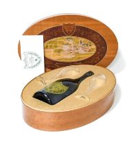 Dom Perignon 1985 Vintage Champagne, in oval wooden presentation case with two champagne flutes (one