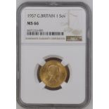1957 Gold Sovereign Equal-finest NGC MS 66 #6671216-001 (AGW=0.2355 oz.)