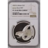 2020 Silver 2 Pounds (1 oz.) Bond, James Bond Proof NGC PF 70 ULTRA CAMEO #6055780-042 Box & COA