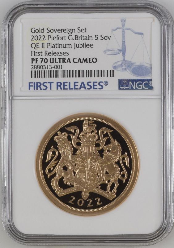 2022 Gold 5 Pounds (5 Sovereigns) Platinum Jubilee Proof Pattern Piedfort NGC PF 70 ULTRA CAMEO #288 - Image 3 of 4