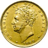 United Kingdom, George IV, 1825 Gold Sovereign, Bare Head, Scarce - Very Fine, Cleaned, Damage, Ex.