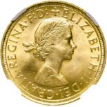 United Kingdom, Elizabeth II, 1957 Gold Sovereign, NGC MS 66 - Equal-finest