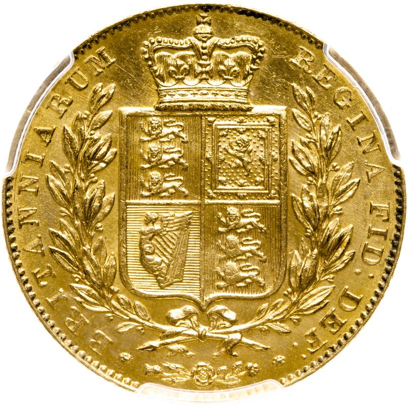 United Kingdom, Victoria, 1843/2 Gold Sovereign, 3 over 2, Extremely Rare, R5 - PCGS MS63, Equal-Fin - Image 2 of 2