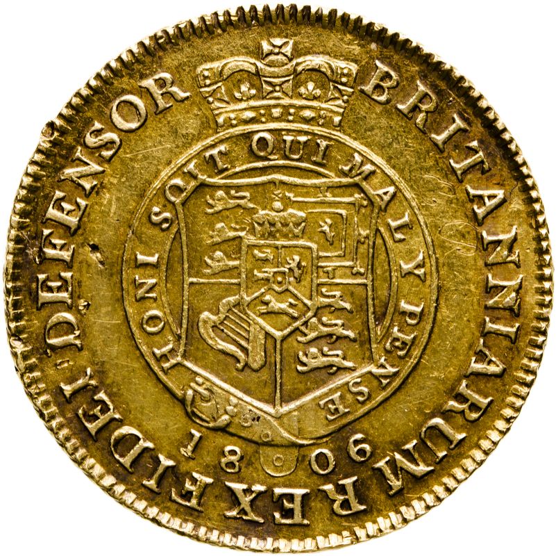 United Kingdom, George III, 1806 Gold Half-Guinea, Good very fine, cleaned, scratch, ex. mount - Image 2 of 2