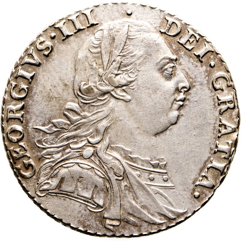 Great Britain, George III, 1787 Silver Shilling, Without Hearts, About extremely fine, cleaned