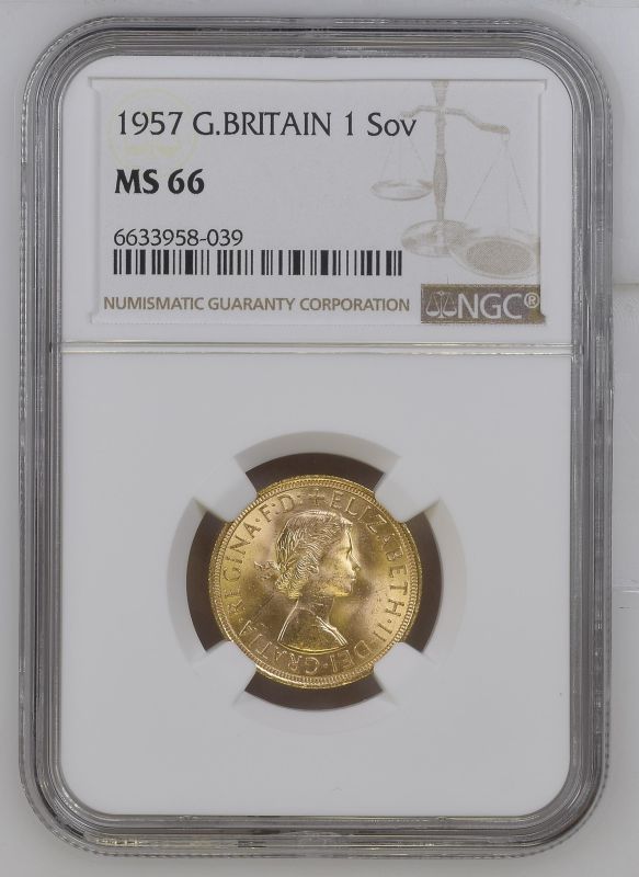 United Kingdom, Elizabeth II, 1957 Gold Sovereign, Equal-finest NGC MS 66