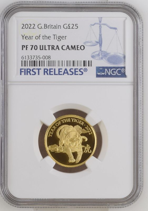 United Kingdom, Elizabeth II, 2022 Gold 25 Pounds, Year of the Tiger, Proof, NGC PF 70 ULTRA CAMEO