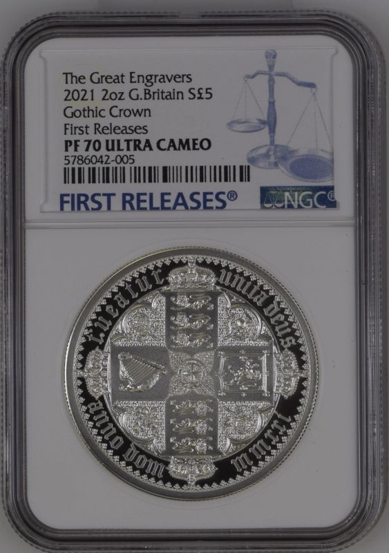 United Kingdom, Elizabeth II, 2021 Silver 5 Pounds, Gothic Crown Quartered Arms, Proof, NGC PF 70 UL