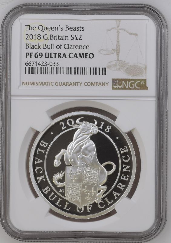 United Kingdom, Elizabeth II, 2018 Silver 2 Pounds, Black Bull of Clarence, Proof, NGC PF 69 ULTRA C