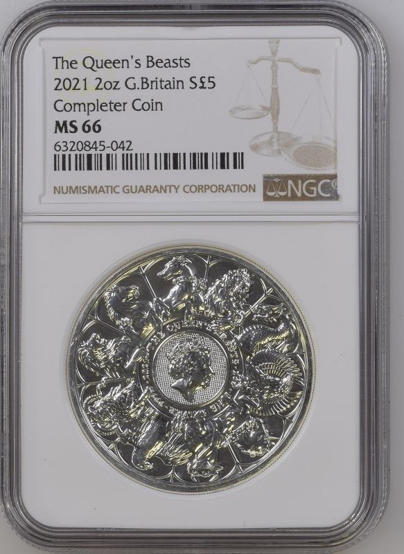 United Kingdom, Elizabeth II, 2021 Silver 5 Pounds, The Queen's Beasts 2021, NGC MS 66