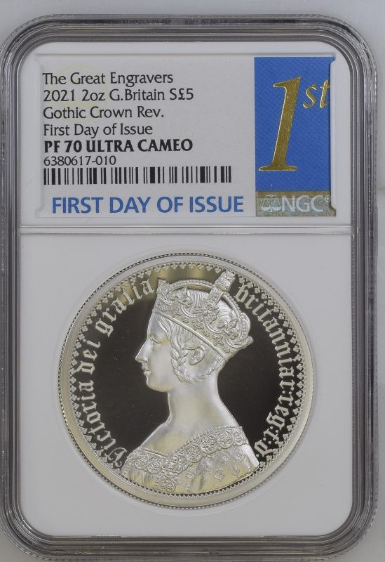 United Kingdom, Elizabeth II, 2021 Silver 5 Pounds, Gothic Crown - Victoria Portrait, Proof, NGC PF 