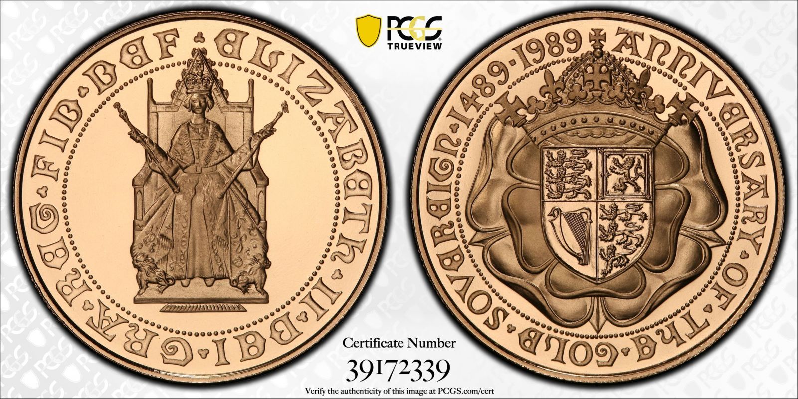 United Kingdom, Elizabeth II, 1989 Gold 2 Pounds (Double Sovereign), 500th Anniversary, Proof, PCGS 