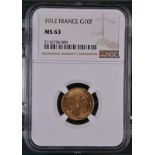 France, Third Republic, 1912 Gold 10 Francs, NGC MS 63