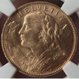 Switzerland, 1914 Gold 20 Francs, Vreneli, NGC MS 65