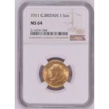 United Kingdom, George V, 1911 Gold Sovereign, NGC MS 64