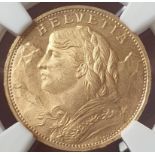 Switzerland, 1926 Gold 20 Francs, Vreneli, NGC MS 67