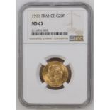 France, Third Republic, 1911 Gold 20 Francs, NGC MS 65