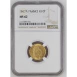 France, Napoleon III, 1867 A Gold 10 Francs, NGC MS 62