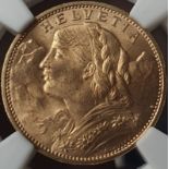 Switzerland, 1915 Gold 20 Francs, Vreneli, NGC MS 65