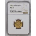 France, Third Republic, 1910 Gold 10 Francs, NGC MS 63