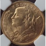 Switzerland, 1912 Gold 20 Francs, Vreneli, NGC MS 65