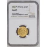 France, Second Republic, 1851 A Gold 10 Francs, NGC MS 63