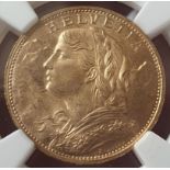 Switzerland, 1925 Gold 20 Francs, Vreneli, NGC MS 65